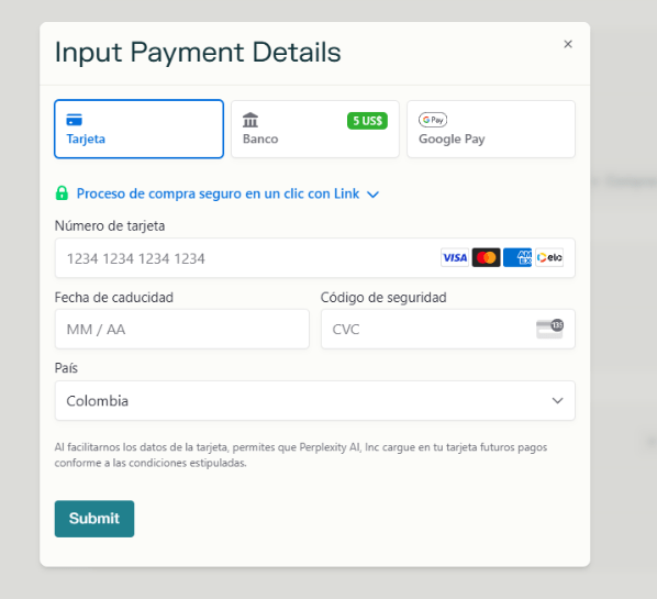 metodos de pago perplexity